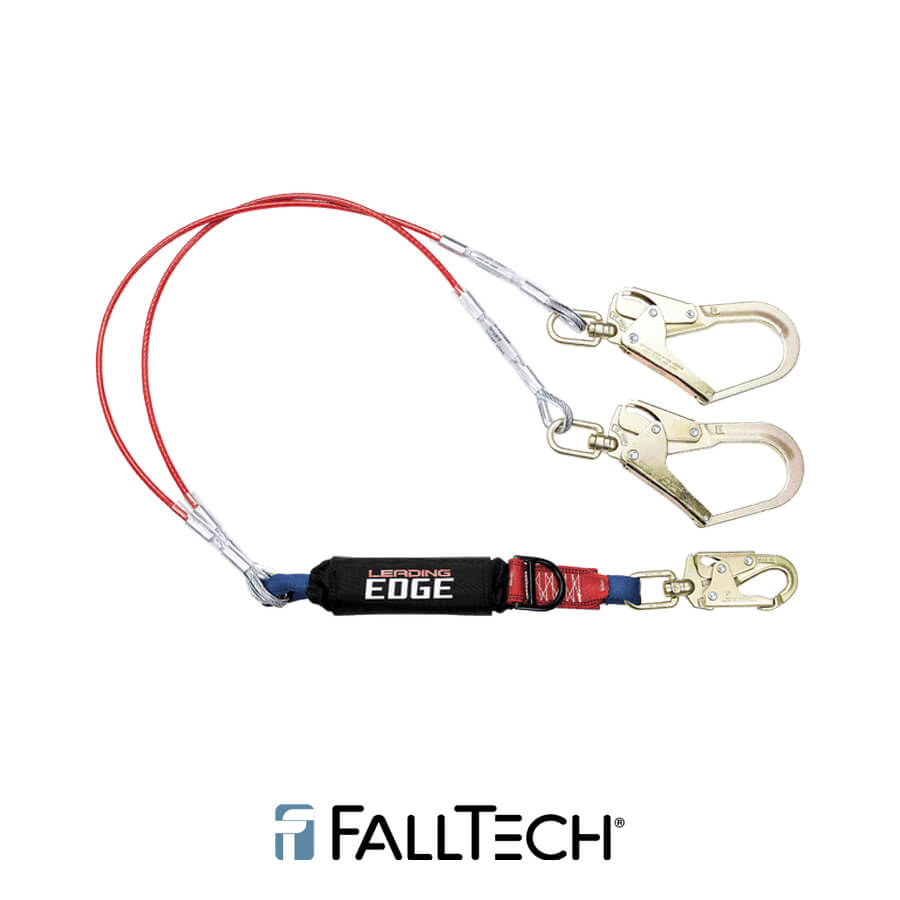 FallTech® 6′ Leading Edge Cable Energy Absorbing Lanyard, Double-leg with Swivel Connectors and SRL D-ring – 8354LEYSS3D